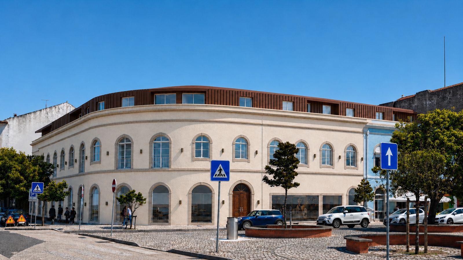 Edifício CAIS, the curved corner façade with arched windows by day, 3D render