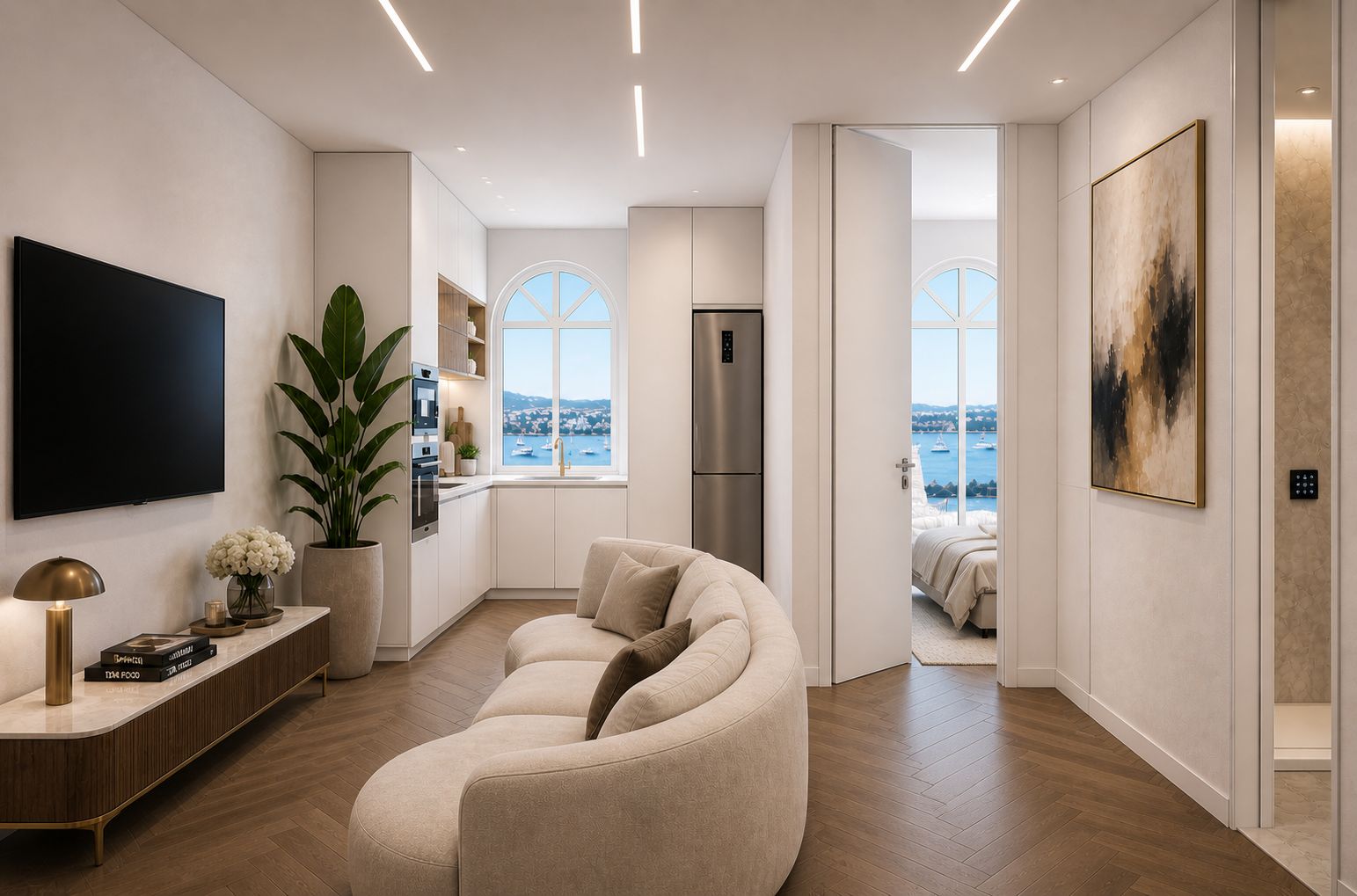 Living room with a curved sofa and arched windows looking over the marina, 3D render
