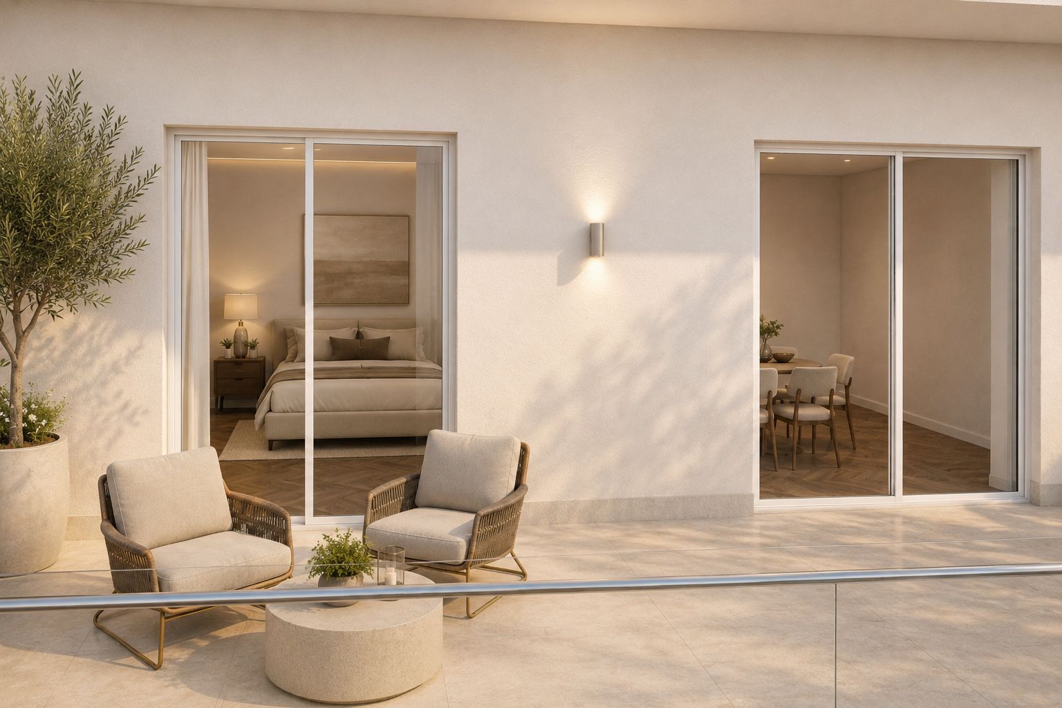 Private terrace with two armchairs, in front of the bedroom and living room doors, 3D render