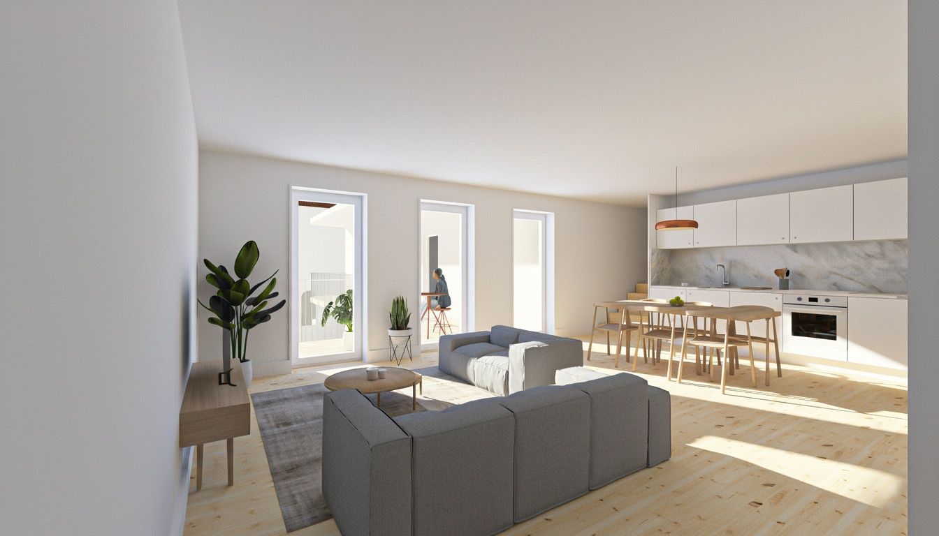 Living room with three tall glazed doors onto the outside space and the kitchen along the side wall, 3D render