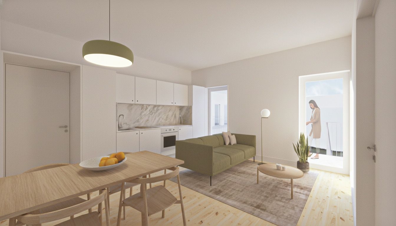 Living room and kitchen with a glazed door onto a balcony, 3D render