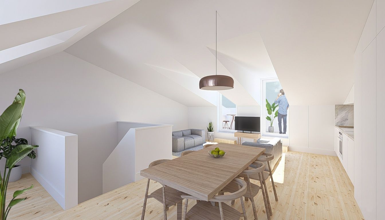 Top-floor duplex: living and dining under the sloping roof, beside the stair opening, 3D render