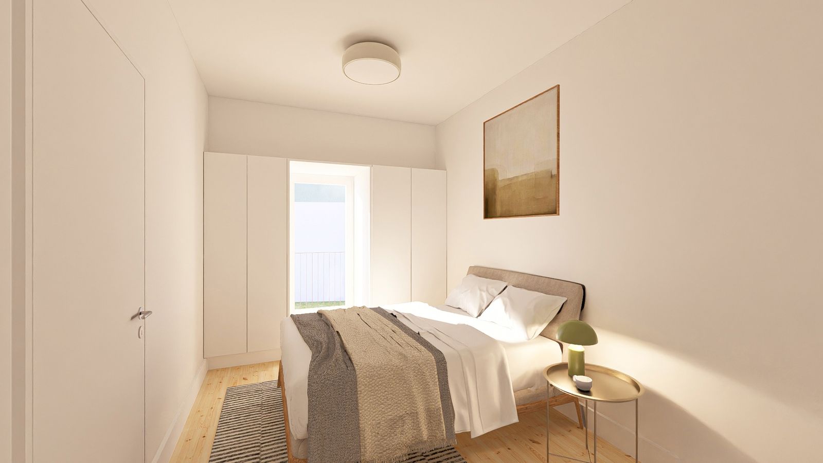 Bedroom with built-in wardrobes framing a window onto the garden, 3D render