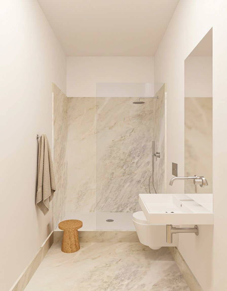 Bathroom: marble walk-in shower, wall-hung basin and WC, 3D render