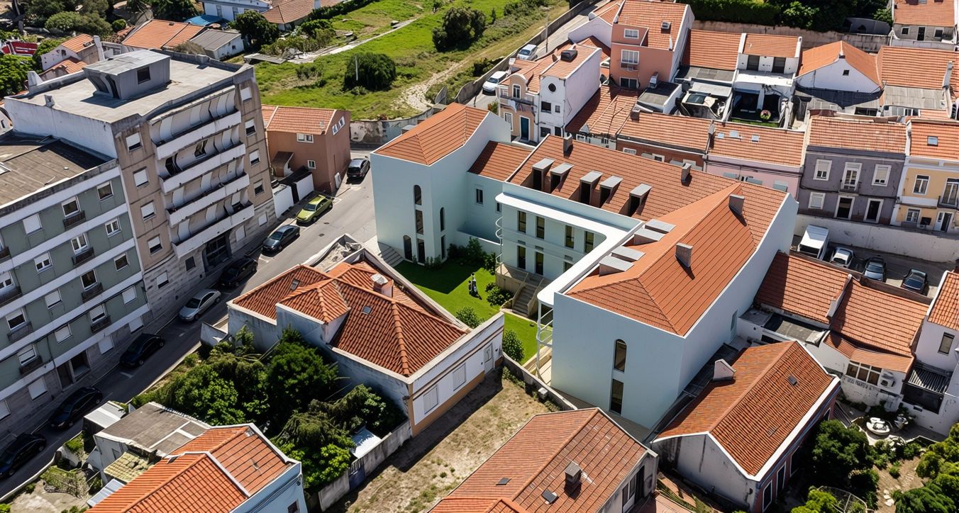 Castelo from the air: the new white buildings around a private garden in Setúbal's historic centre, 3D render