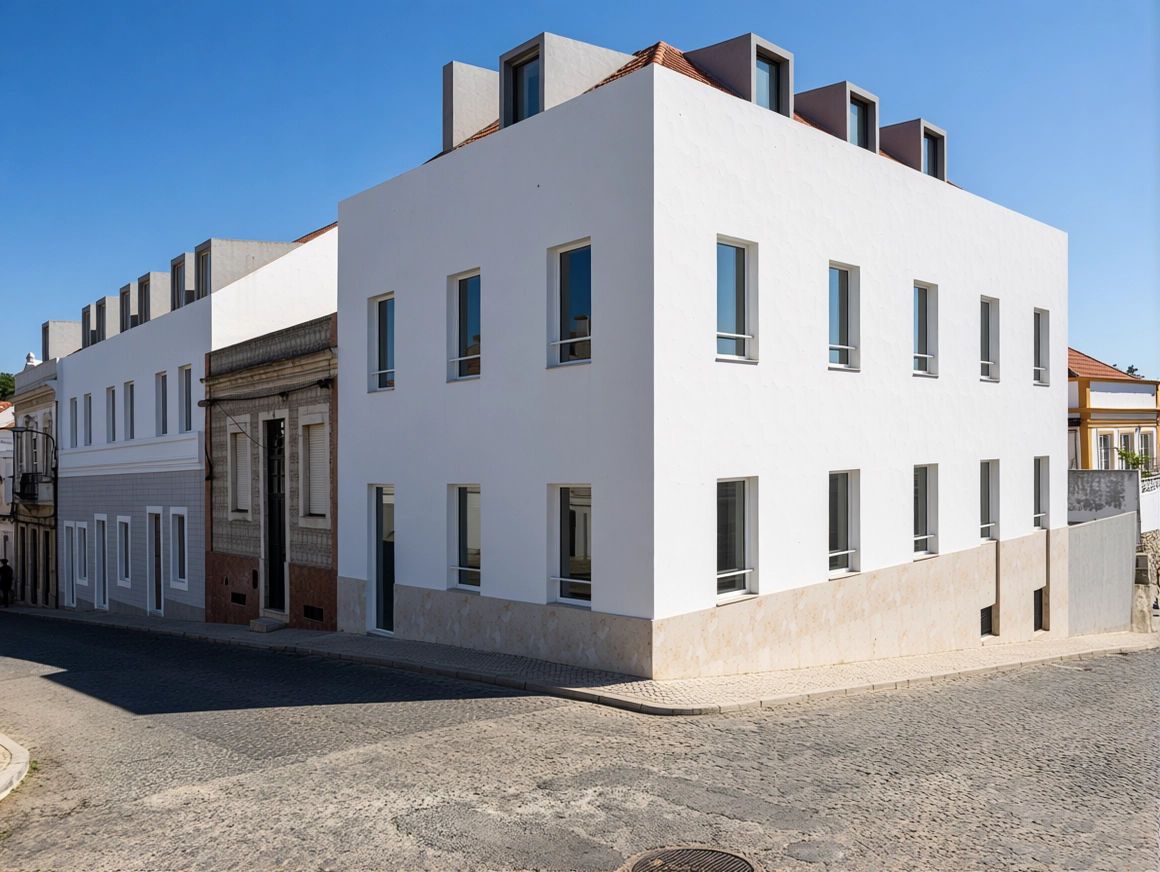 The corner building: white render over a stone base, with dormer windows in the roof, 3D render