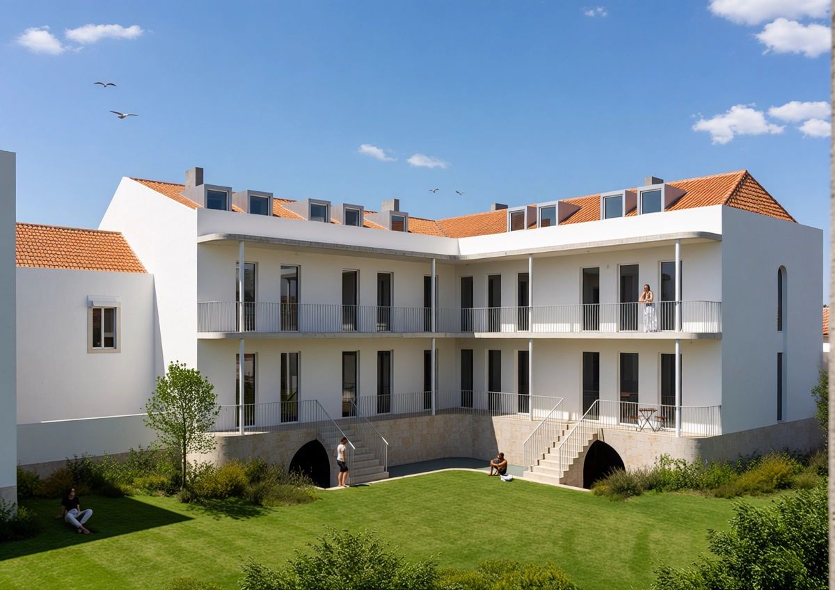 The courtyard façade: two floors of terraces above a stone base, with stairs down to the private garden, 3D render