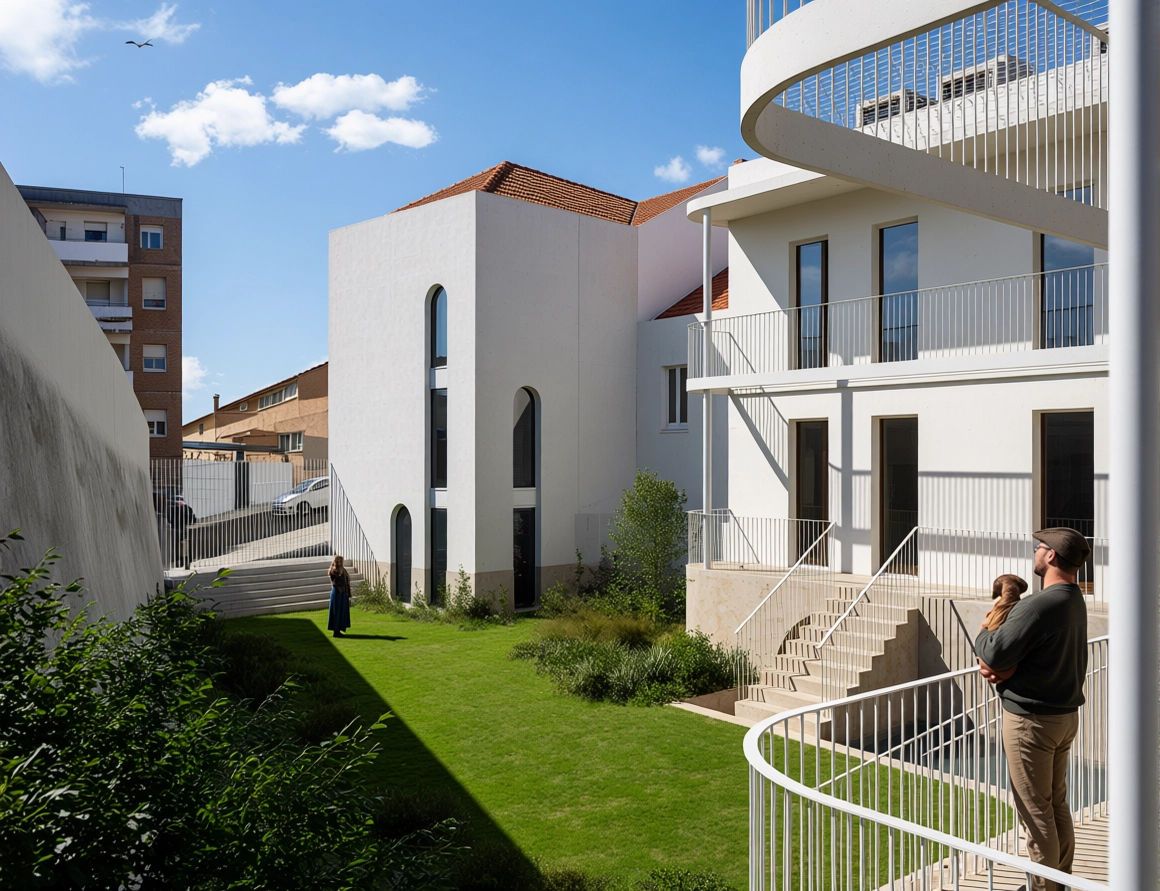The garden seen from a curved terrace, with the tall block and its arched windows, 3D render