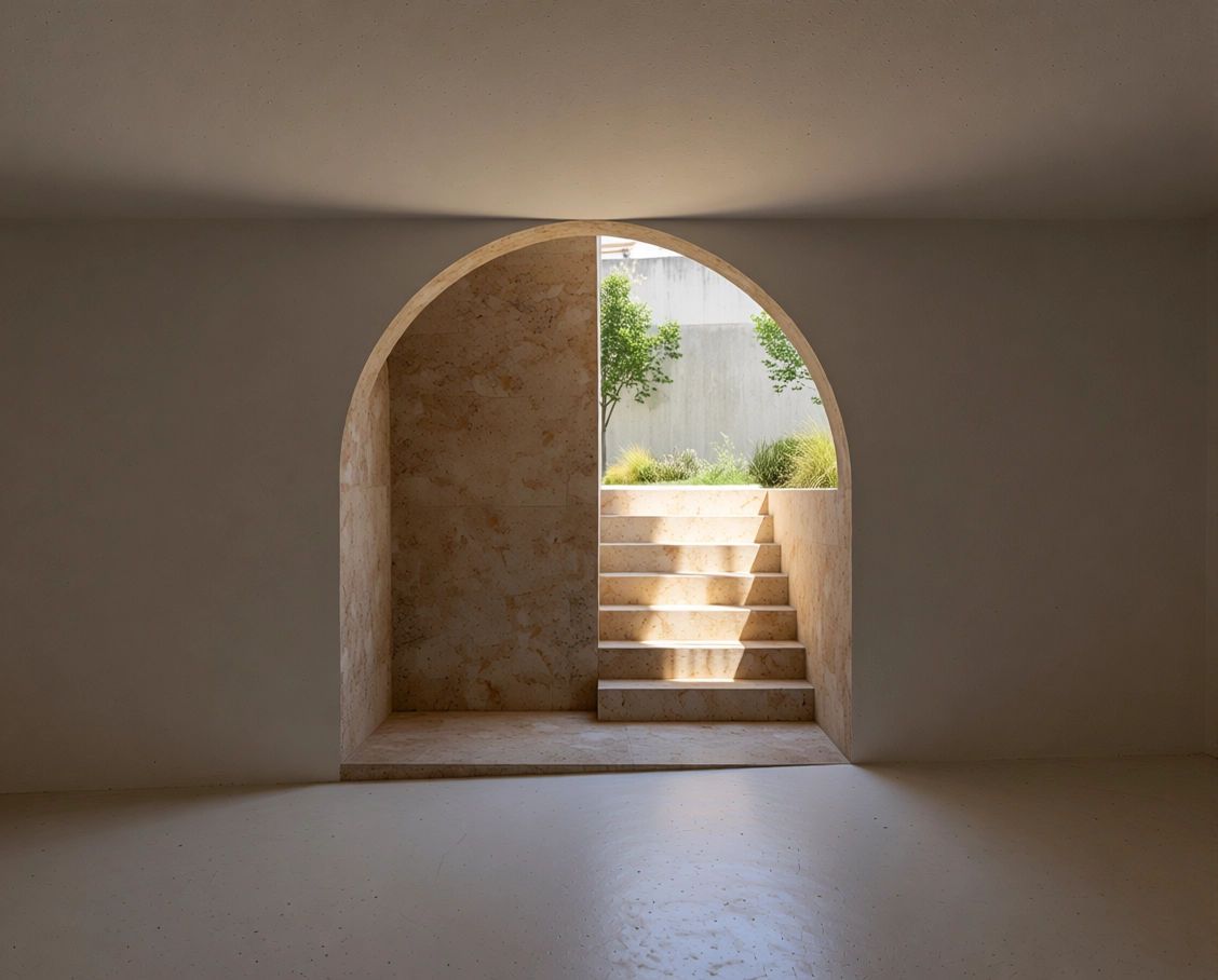 A stone arch at garden level, with steps up to the planted courtyard, 3D render