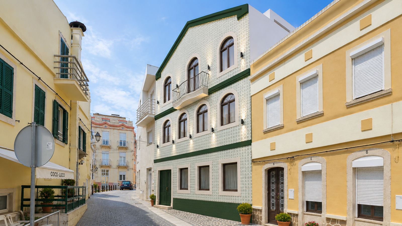 Edifício Muralha, the tiled street façade with arched windows by day, 3D render