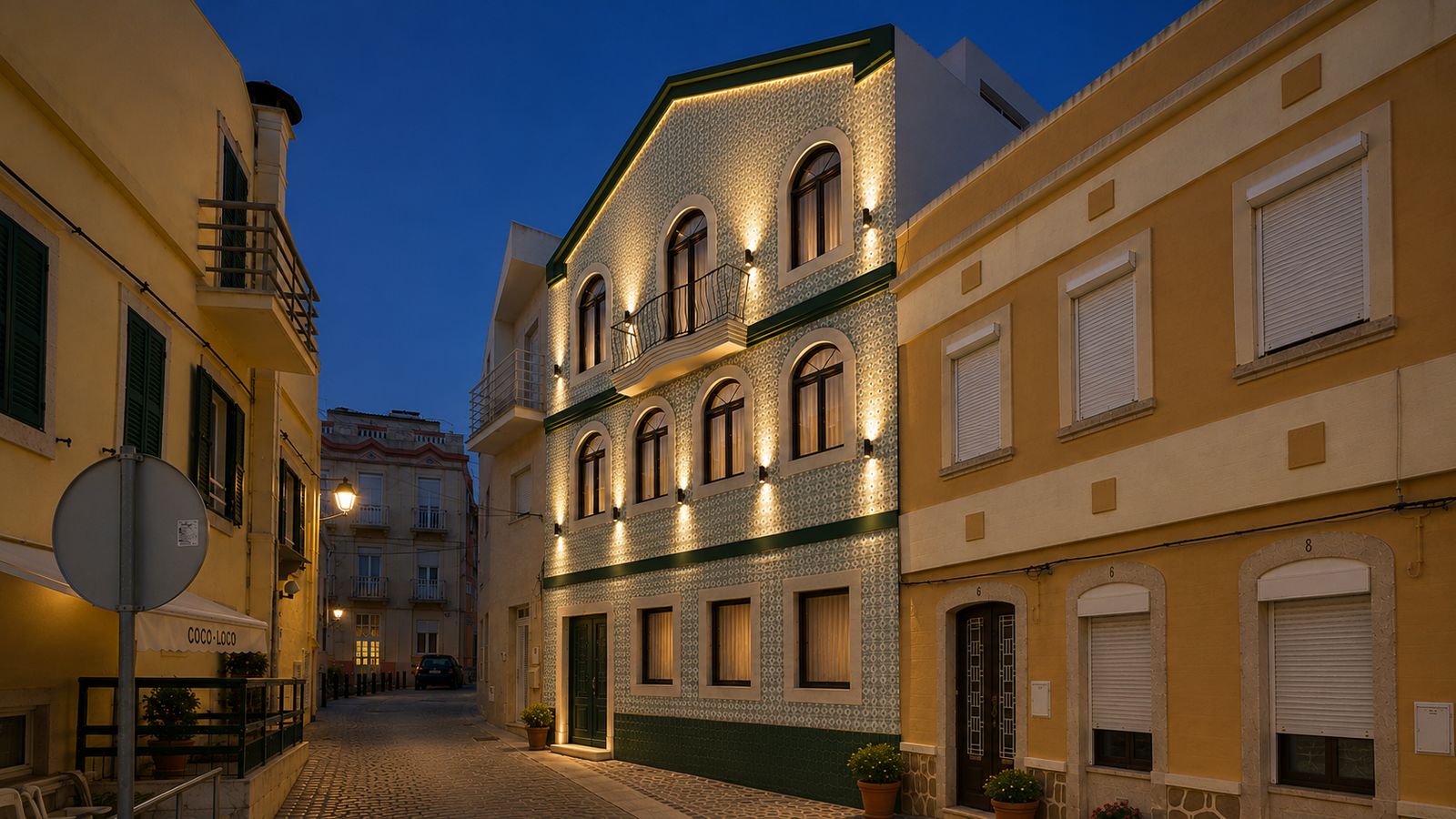 Edifício Muralha, the tiled façade lit at night, 3D render