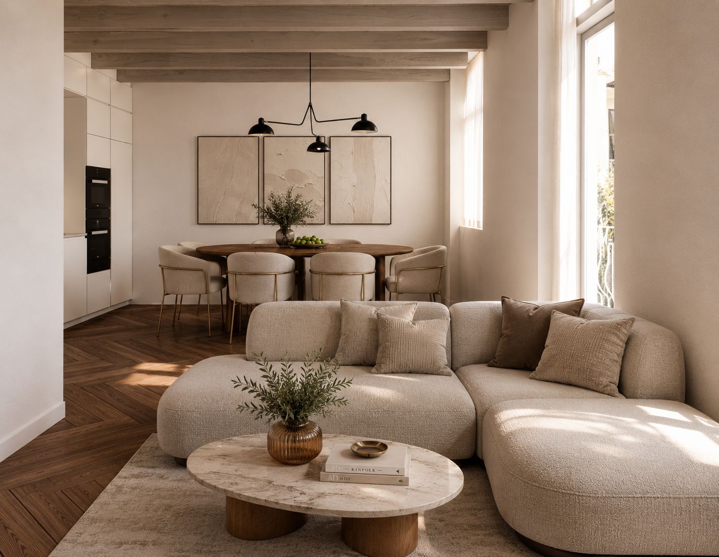 Duplex: living room with a curved sofa under exposed ceiling beams, 3D render