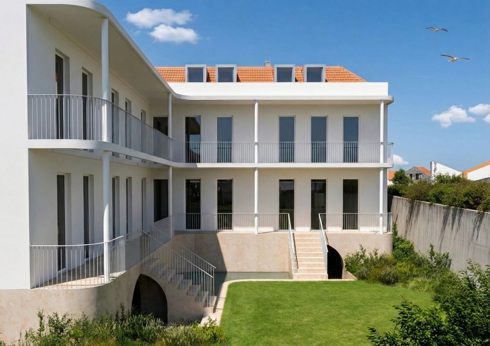 The curved terraces over the garden, with stone arches at ground level, 3D render